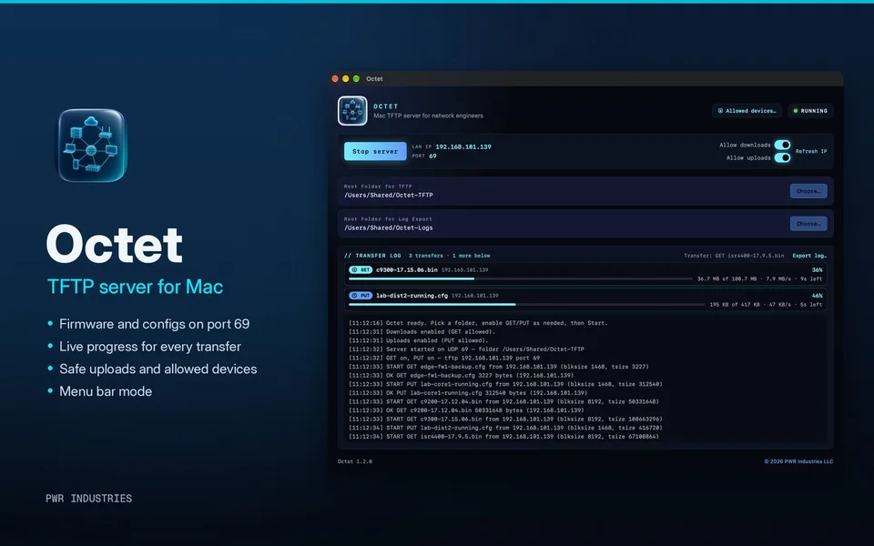 Octet TFTP window serving firmware and configs with live progress bars