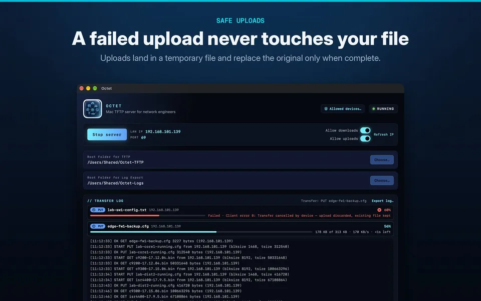 A failed upload marked red while the existing file is kept