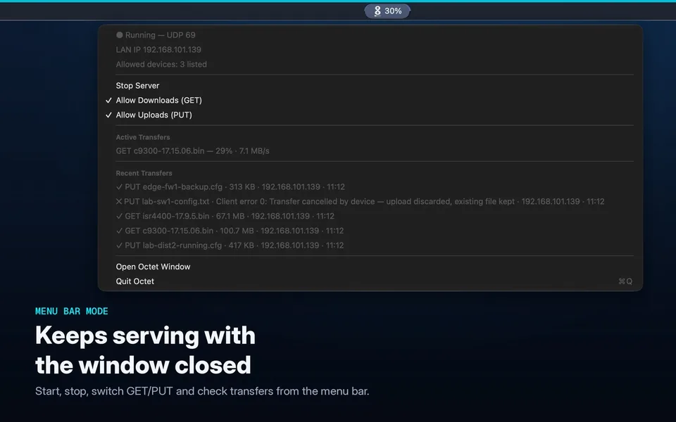 Octet menu bar menu showing server status and recent transfers