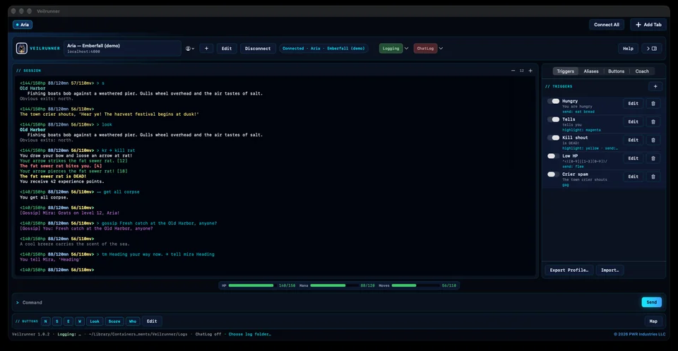 A connected session. The kr alias expands to kill rat, the "is DEAD!" trigger highlights the line in yellow and sends get all corpse, then a gossip line and a tell in magenta. The vitals bar shows HP, mana and moves. The Triggers editor is on the right.