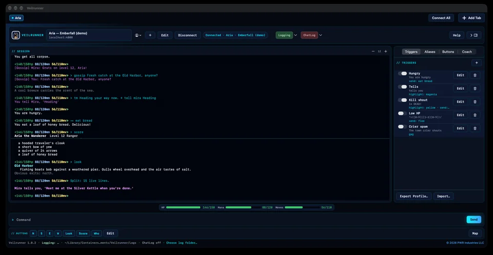 #split: older scrollback on top, 15 live lines pinned below. The Triggers panel is open.