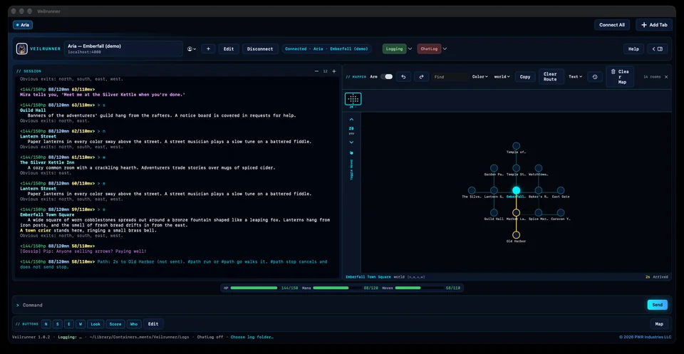 The automapper after walking the 14-room demo town, with a gold #path route to Old Harbor previewed (2s). The mapper toolbar is visible.